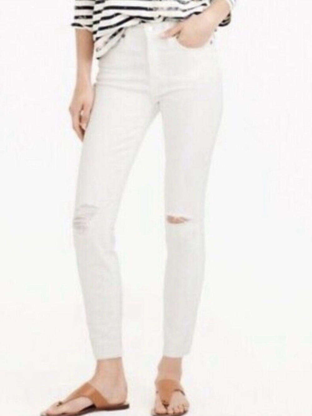 J.Crew Lookout High Rise Crop White Distressed Skinny Jeans with Knee Rips